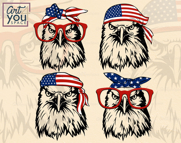 Eagle Head With Bandana Glasses SVG PNG DXF Download, American Flag USA Patriotic ClipArt, Vector, Cricut
