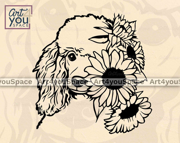 poodle dog face with sunflowers svg