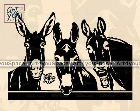 three mules peeking over the fence svg file