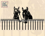 two horses near fence black and white vector clipart